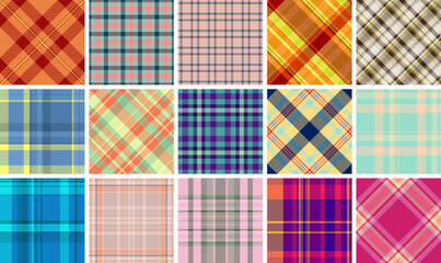 Fashionable plaid fabric designs with stripes and check patterns, perfect for repeating textile prints or trendy shirt materials.
