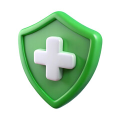 Obraz premium Green shield icon with a medical cross 3d icon in cartoon plastic style minimal isolated on transparent white background, clipping path