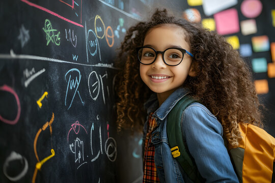 Smiling young girl with glasses standing near a colorful chalkboard, showcasing creativity, intelligence, and love for learning in an inspiring school environment
