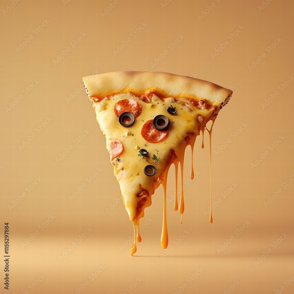 Poster delicious pizza slice with stylized toppings and cheese drips on minimalist background perfect for f