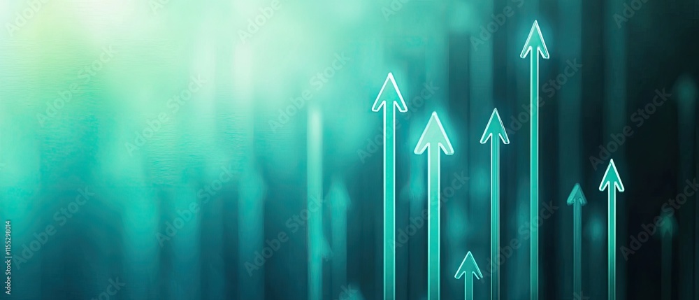 Poster abstract background with futuristic arrows rising in a gradient green and blue color scheme for busi