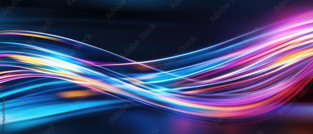 Poster vibrant abstract light trails flowing in motion with colorful highlights against a dark background, 