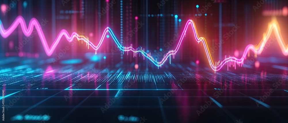 Poster abstract digital graph with vibrant pink and orange lines representing data trends and analytics in 