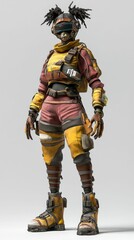Futuristic female figure in worn, yellow combat gear.
