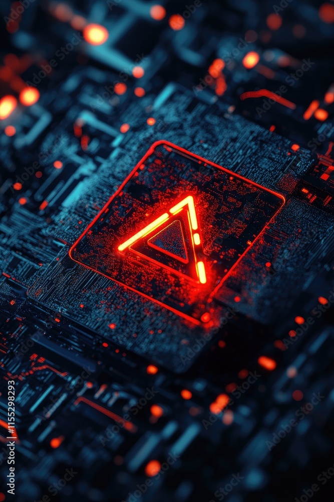 Poster a close-up of a circuit board featuring a glowing triangular symbol.