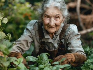 An elderly woman with a gentle smile tends to her lush garden, exuding warmth and care. She wears gloves and appears content amidst vibrant greenery.