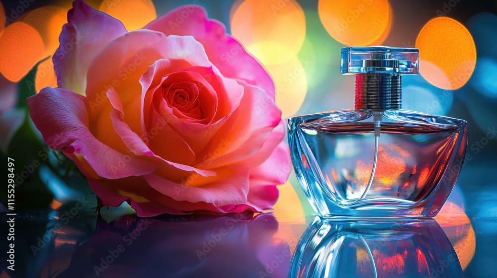 Poster elegant rose and perfume bottle with colorful bokeh background