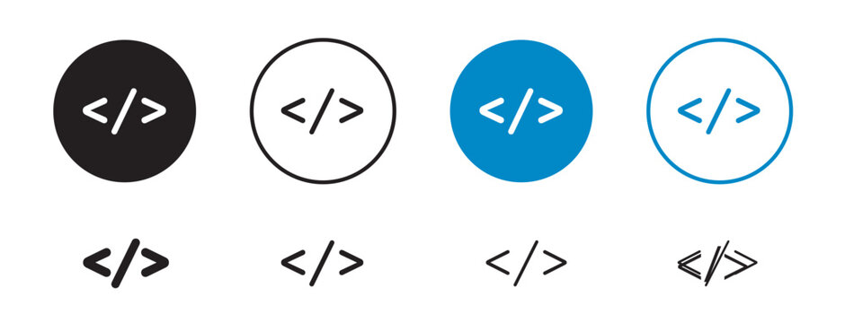 Set of 8 "Code" icons with an unexpanded vector & 1 silhouette - Code icon featuring angled brackets with simple design symbolizing programming development n coding languages