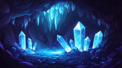 Glowing Crystals Mysteriously Illuminate Deep Cave: Digital Painting in a Fantasy Style. AI Generated