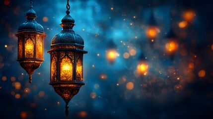 Two beautiful ornate lanterns glow brightly against a dark blue background, creating a magical and festive atmosphere perfect for Ramadan. A Night of Warmth and Celebration