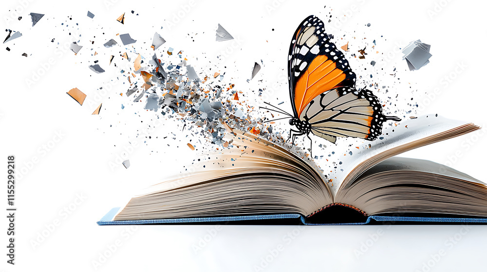 Aufkleber transformative butterfly emerges from open book creative concept studio setting inspirational perspe