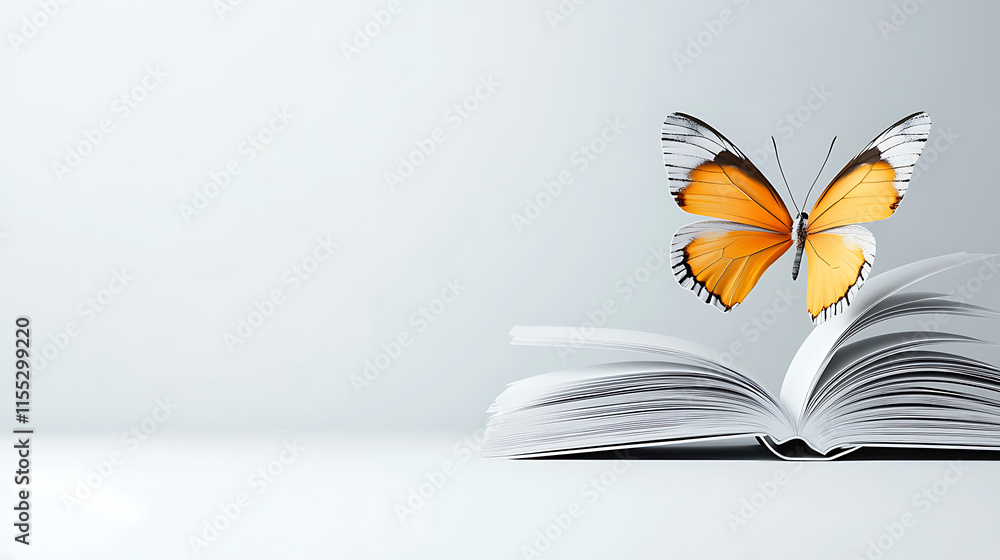 Poster Butterfly interaction with open book minimalist setting artistic image elegant environment close-up symbol of transformation