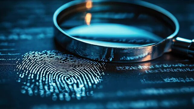 A magnifying glass focuses on a detailed fingerprint, showcasing the intricacies of forensic analysis and investigation on paper. Ideal for themes of identity, security, and research