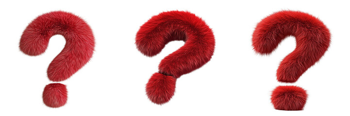 set of A 3D red question mark icon made of soft, plush fur on a Transparent Background