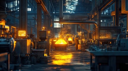 a glass manufacturing plant with glowing furnaces, molten glass being shaped, and workers using precision tools. 