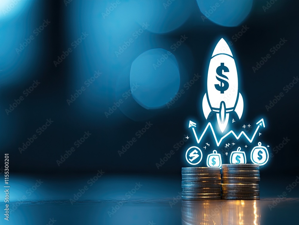 Poster conceptual image of rocket launch with dollar signs on coins representing financial growth and inves