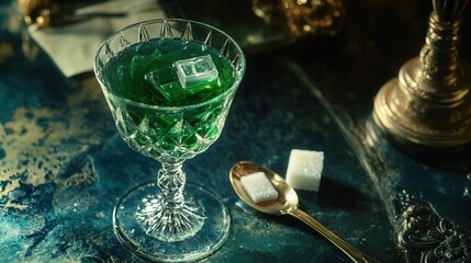 a glass of green absinthe with a slotted spoon and sugar cube, styled with an artistic vintage flair. 