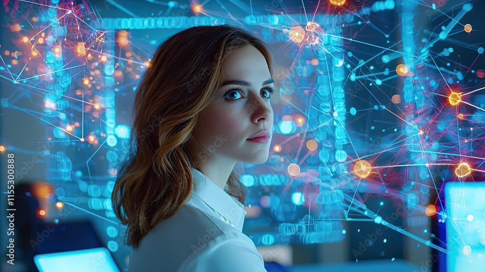 Poster young woman working with abstract technology background featuring data visualization, digital interf