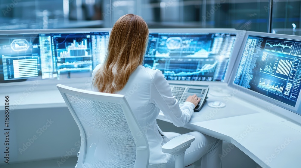 Aufkleber female analyst in modern office environment engaged with advanced data presentation on multiple scre