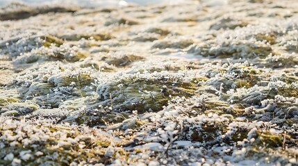 Close up of dry grass covered in sparkling morning frost isolated on a muted background.