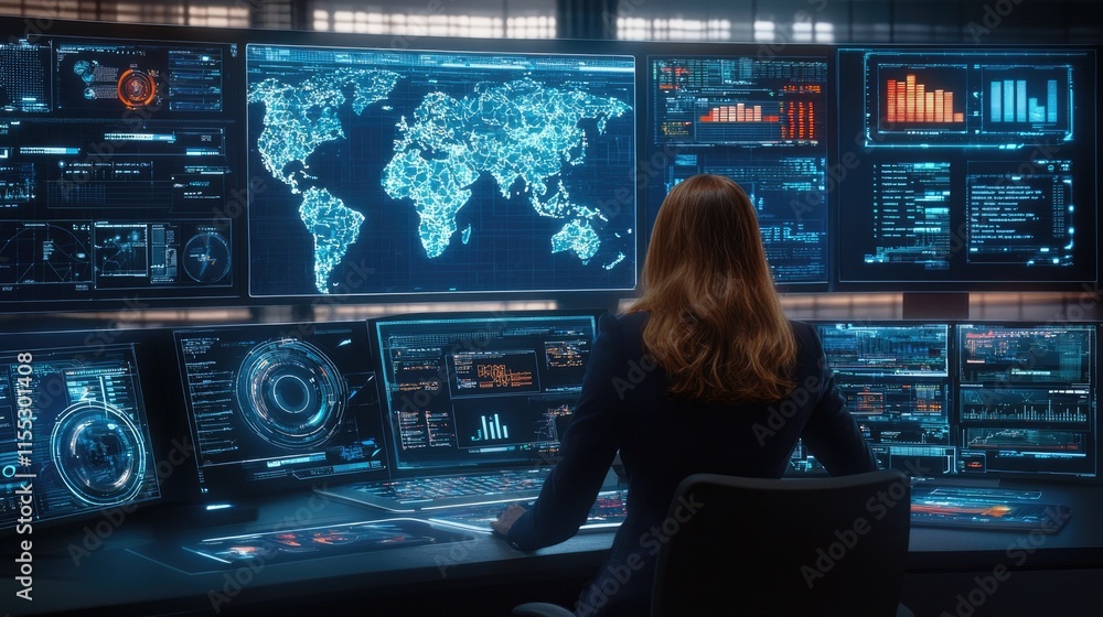 Poster professional woman analyzing global data on advanced digital screens in high-tech control room with 