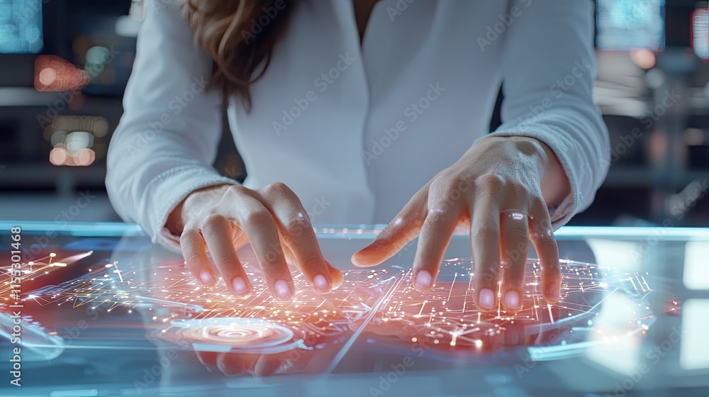 Poster hands of a woman interacting with a futuristic digital interface, holographic display with data and 