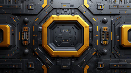 Close-up of a futuristic sci-fi industrial metal panel featuring bold yellow accents