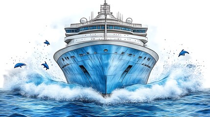 Cruise ship cutting through ocean waves with dolphins.