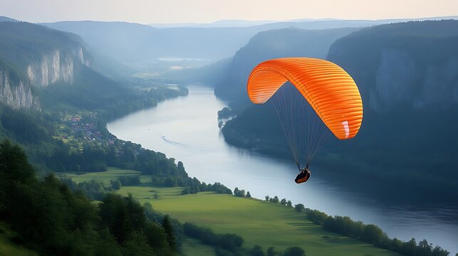 Paraglider soaring over river valley. - Powered by Adobe