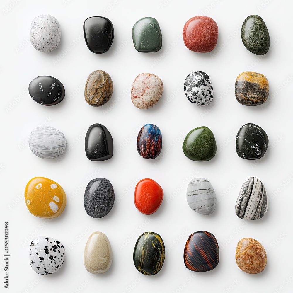Poster colorful collection of smooth stones in various shapes and patterns displayed on a soft background f