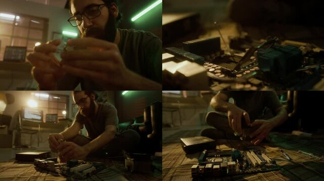 Split screen of bearded man with glasses repairing computer motherboard, sitting on floor cluttered with tools in dimly lit room with green neon lights