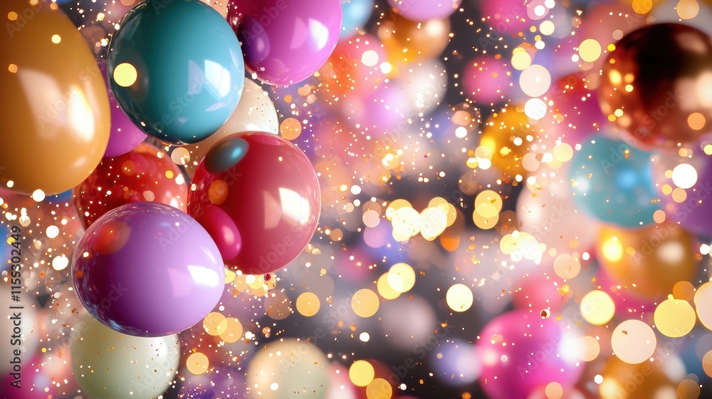 Poster close-up view of a colorful balloon canopy with sparkling bokeh effects in a festive atmosphere