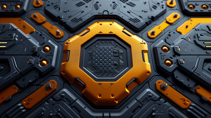 Close-up of a futuristic sci-fi industrial metal panel featuring bold yellow accents