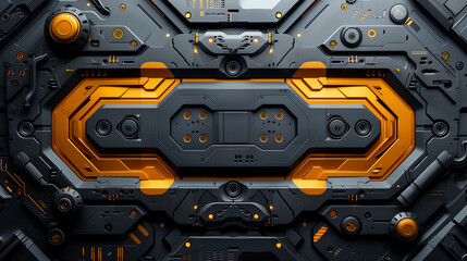Fototapeta premium Close-up of a futuristic sci-fi industrial metal panel featuring bold yellow accents