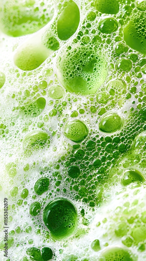 Poster close-up image of vibrant green soap bubbles with varying sizes and textures on a white background
