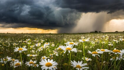 A field of daisies under a stormy sky