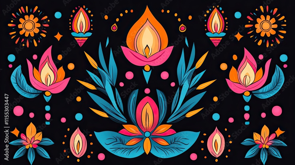 Aufkleber vibrant and colorful floral pattern with abstract shapes and bright elements on a dark background fo