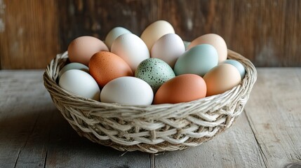 A charming Easter arrangement: Basket of colorful eggs on a rustic wooden surface with ample copy space.