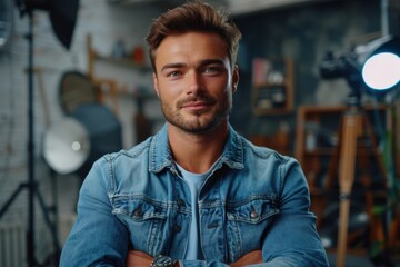 Obraz premium A confident young man stands in a studio setting, wearing a denim jacket. The atmosphere is professional with studio lighting in the background.