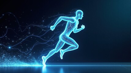 Abstract running glowing man on dark background