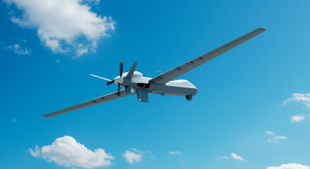Drone, flying in blue sky for military surveillance or aerial technology. Unmanned aerial vehicle, spy aircraft, remote control airplane for security defense or monitoring