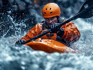 Fearless Kayaker Navigating Intense Whitewater Rapids with Determined Focus