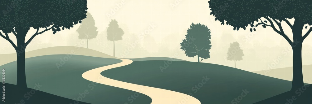 Poster Winding minimalist forest path inviting exploration through serene nature. Generative AI