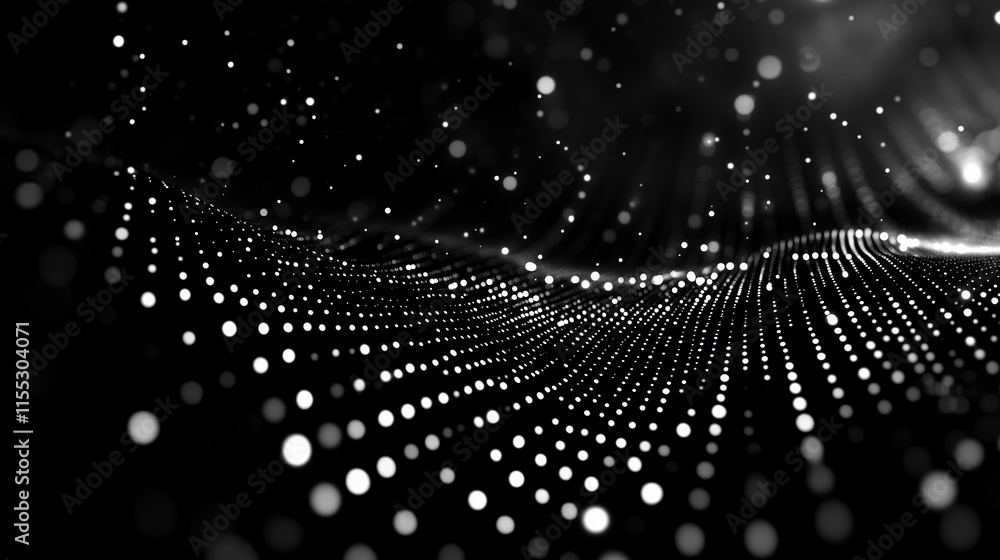 Poster dynamic wave of glowing particles creating a mesmerizing visual effect in dark space
