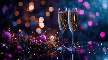 Elegant Glamorous Evening with Two Champagne Glasses and Holiday Decorations in a Festive Atmosphere