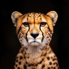 Majestic close-up portrait of a cheetah showcasing its striking features and captivating gaze against a dark backdrop in a wild habitat