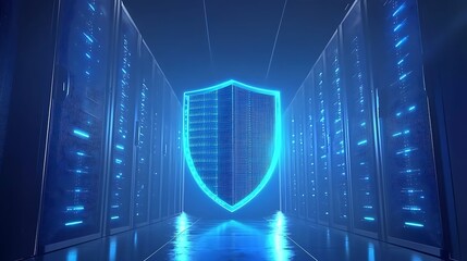A blue shield is displayed in a computer server room