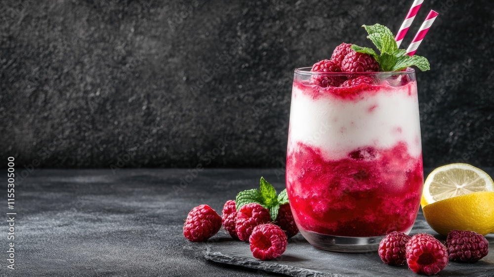 Poster refreshing raspberry drink with layered textures and mint garnish on dark stone background, perfect 