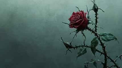 Elegant Red Rose with Thorns Against a Dark Green Background
