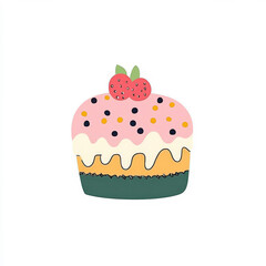 Colorful cartoon cupcake illustration with pink frosting, sprinkles, and strawberries on a white background perfect for dessert-themed designs and marketing materials